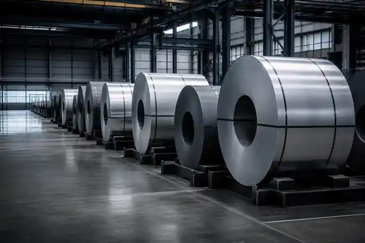 Rows of flat-rolled steel coils in a warehouse